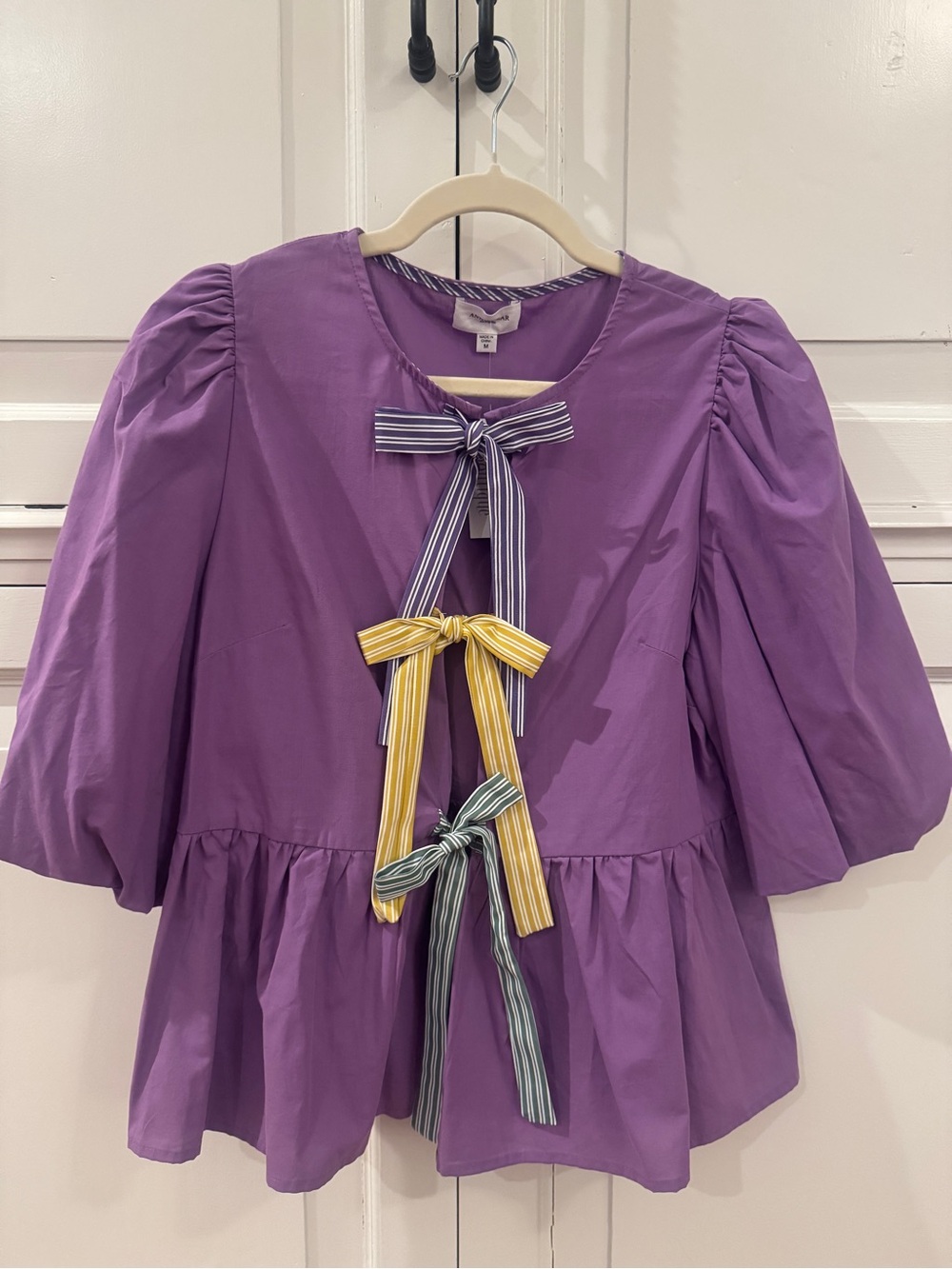 Mardi Gras Purple Puff-Sleeve Top with Striped Bow Accents